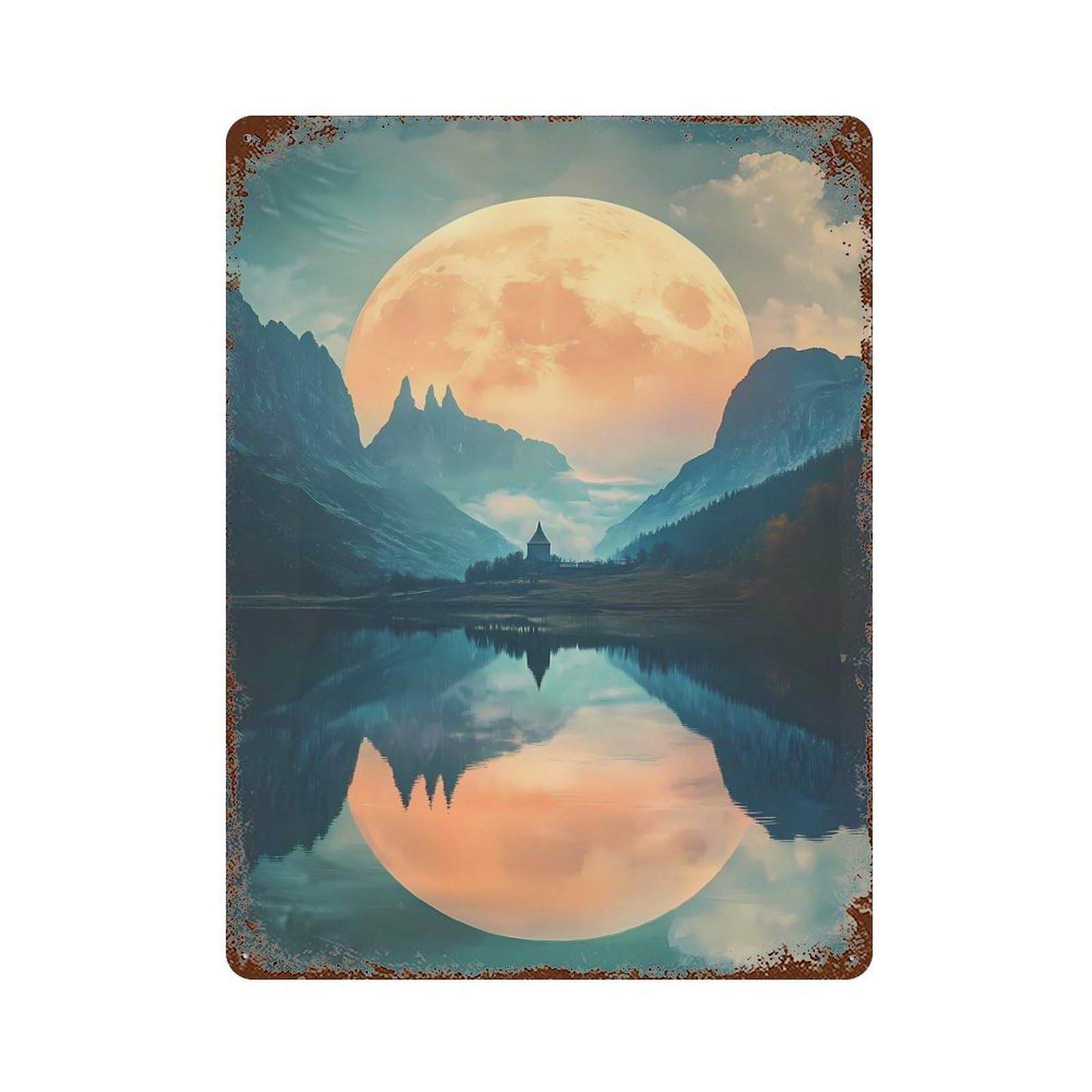 Decorative Tin Sign Moonlit Mountain Lake 15.7"x11.8", Decorative Metal Wall Art for Garage, Bar And Workshop Decor