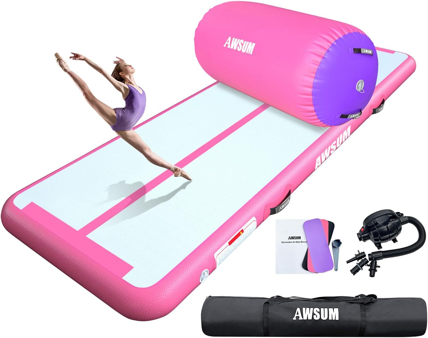 AWSUM 10ft Gymnastics Mat with Air Roller Barrel Tumbling Mat Inflatable Air Gymnastics Mat for Home/Gym/Outdoor, with Electric Pump