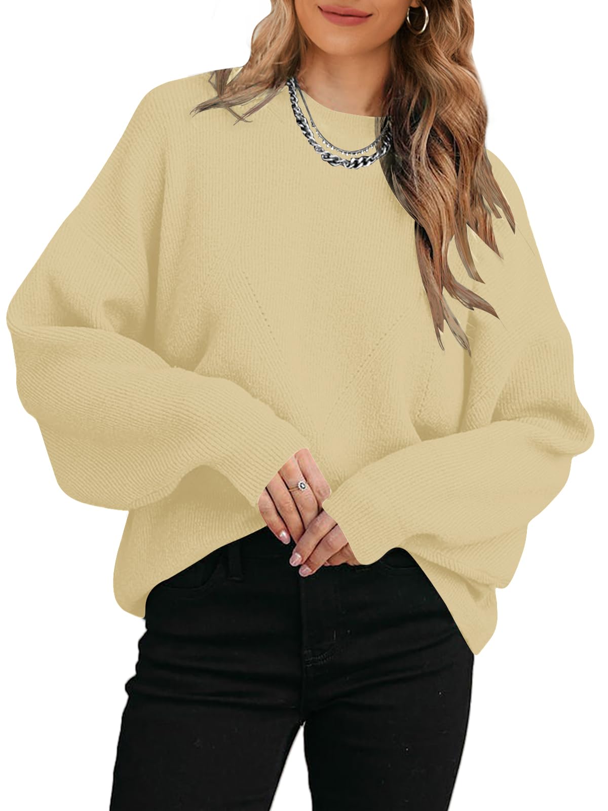Photo 1 of Saodimallsu Womens Crew Neck Sweaters Long Sleeve Ribbed Knit Oversized Batwing Soft Cozy Pullover Jumper Tops Large Khaki