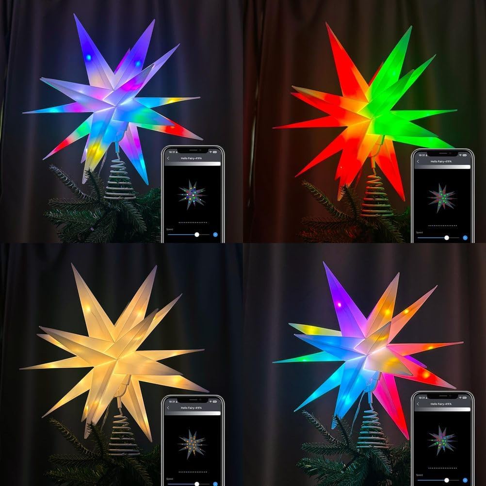 Smart Christmas Star Tree Topper, 3D Lighted Star Topper Christmas Tree Decoration, RGB Music Sync App Remote Control LED Star Tree Topper for Outdoor