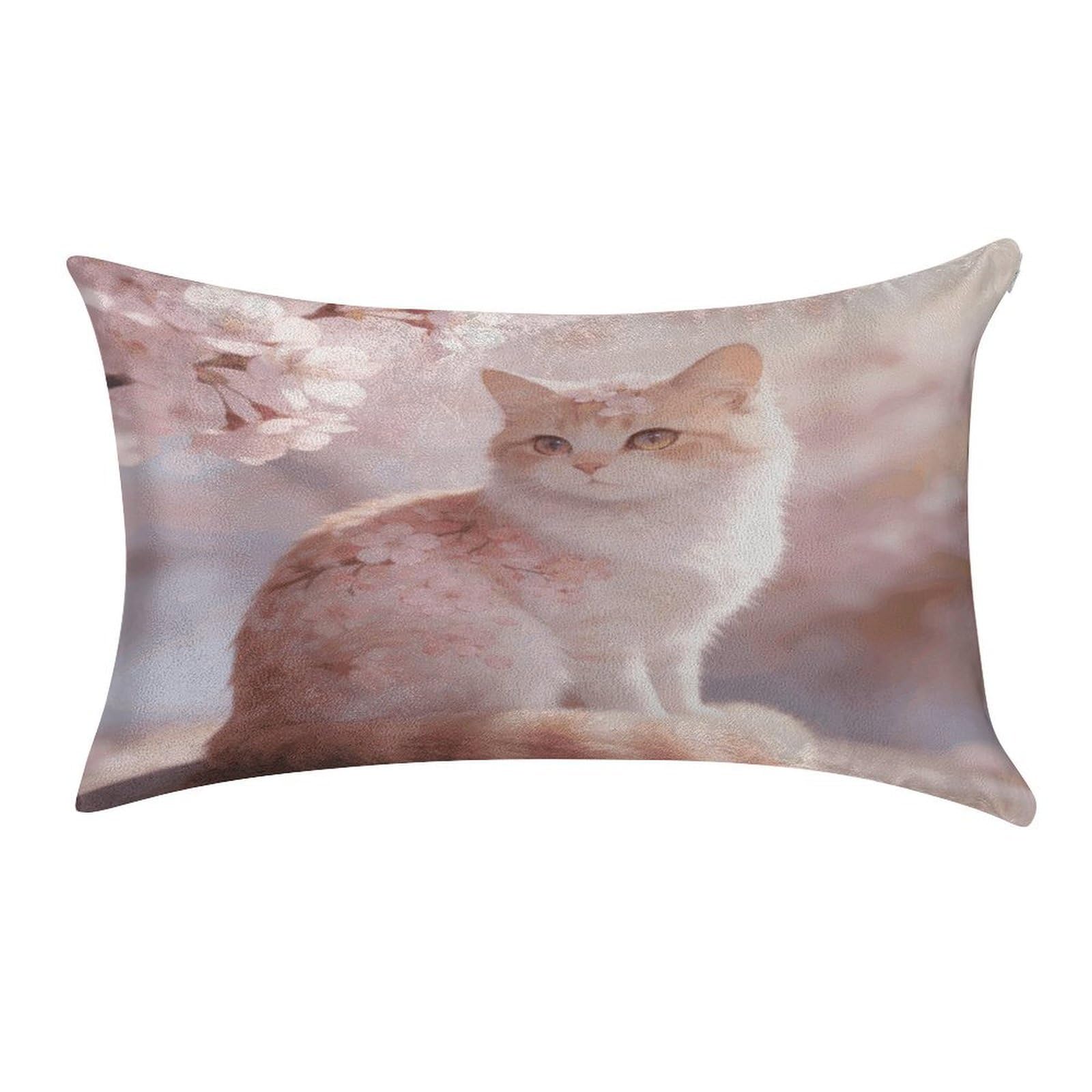 Fodpand Style Pink Cherry Blossom Cat Pillowcase,Elegant Designed Home Decor,Velvet Pillowcase,Soft And Cozy,Pillow Case Cover With Hidden Zipper For Bedroom, Sofa, Couch