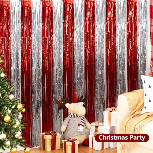 Image of BEISHIDA Red Silver Door Streamers Backdrop Foil Fringe Tinsel Party Streamers Curtains Photo Backdrop - 2Pcs for Valentine's Day Birthday Graduation Christmas Party Decoations