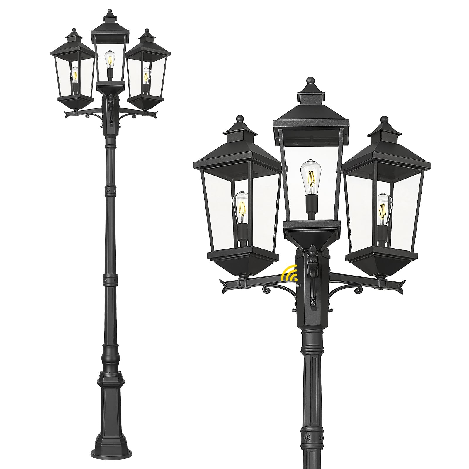 zeyu 109'' Dusk to Dawn Street Lamp Light, Outside Black Pole Light, 3-Head Outdoor Lamp Post Light, Aluminum Frame with Clear Glass Shade, ZW105PL-3-PC BK