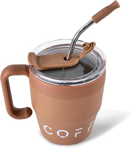 Taza de café aislada con asa, bonita taza de viaje de 14 onzas, taza de café de acero inoxidable al vacío para mantener las bebidas calientes o