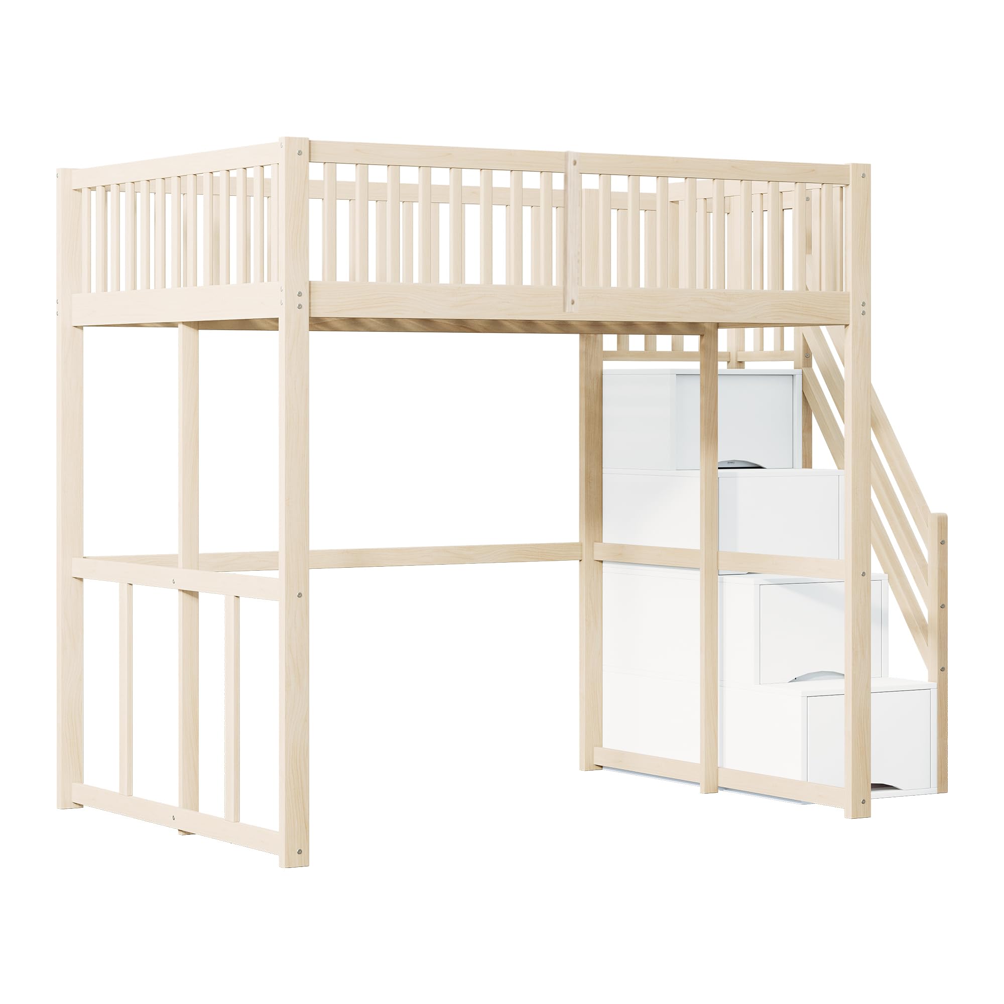 Merax Lit Mezzanine 140 x 200 cm, Multifonction Lit Enfant avec Espace de Rangement Escalier, Couleur Bois et Blanc (sans Matelas)