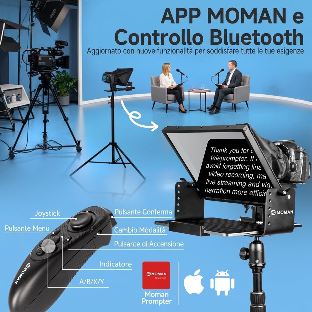 Moman MT12 Teleprompter 12.9 Pollici, Prompter Portatile con Telecomando APP e Controllo Remoto, Compatibile con iPad, iPhone, Tablet, Smartphone, Fotocamera DSLR (Supporto Metallico Regolabile)