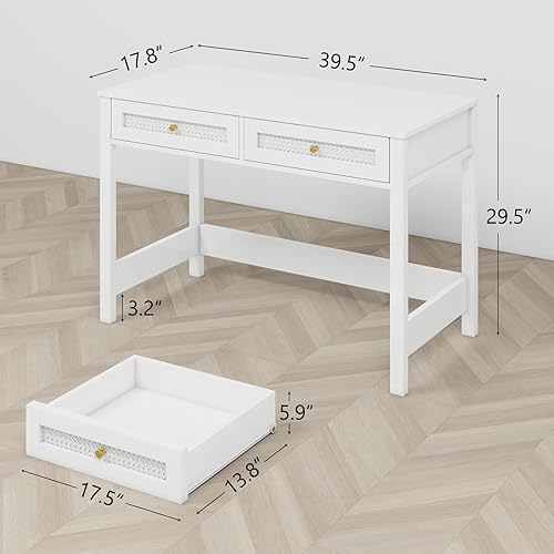 Miniatura 2 de LTMEUTY Moderno escritorio de computadora de ratán blanco de 40 pulgadas con 2 cajones para espacios pequeños, estudio de oficina en casa o