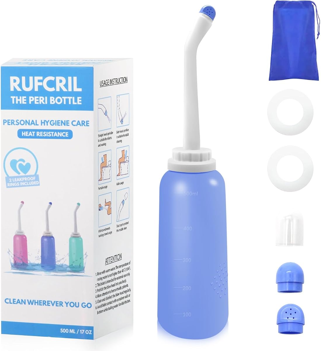 Peri Bottle Postpartum, RUFCRIL 500ml Perineal Wash Bottle, Portable Bidet with Carry Bag, Boilable TPE & 2 Leak-Proof Sealing Rings, Postpartum Essentials for Perineal Care, Hospital Bag, Blue