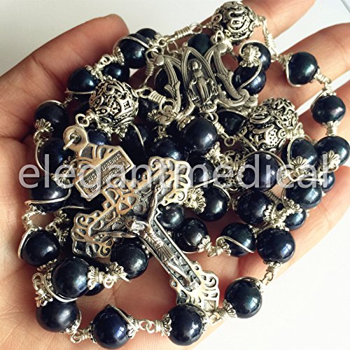 elegantmedical HANDMADE 10MM Black Pearl + Bali Sterling Silver Beads Catholic Rosary Cross Necklace box2