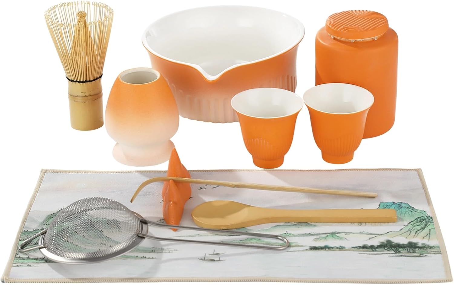Matcha Whisk Set, 11 Pcs Ceramic Matcha Making Set, Orange Gradient Tea Bowl with Cups, Whisk, Scoop, Spoon, Holder, Tea Canister, Sifter, Towel, Scoop Rest