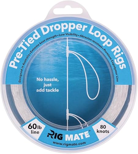 Plataformas de bucle cuentagotas preatadas de 60 libras. Carrete de línea de pesca. Bucles de 18 pulgadas de distancia con tamaño de bucle de 5.5