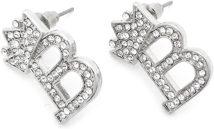 Fashion 21 Unisex Small Size Pave Initial Alphabet Letter Pendant 24" Box Chain Necklace & Earring Set (B Set/Silver)