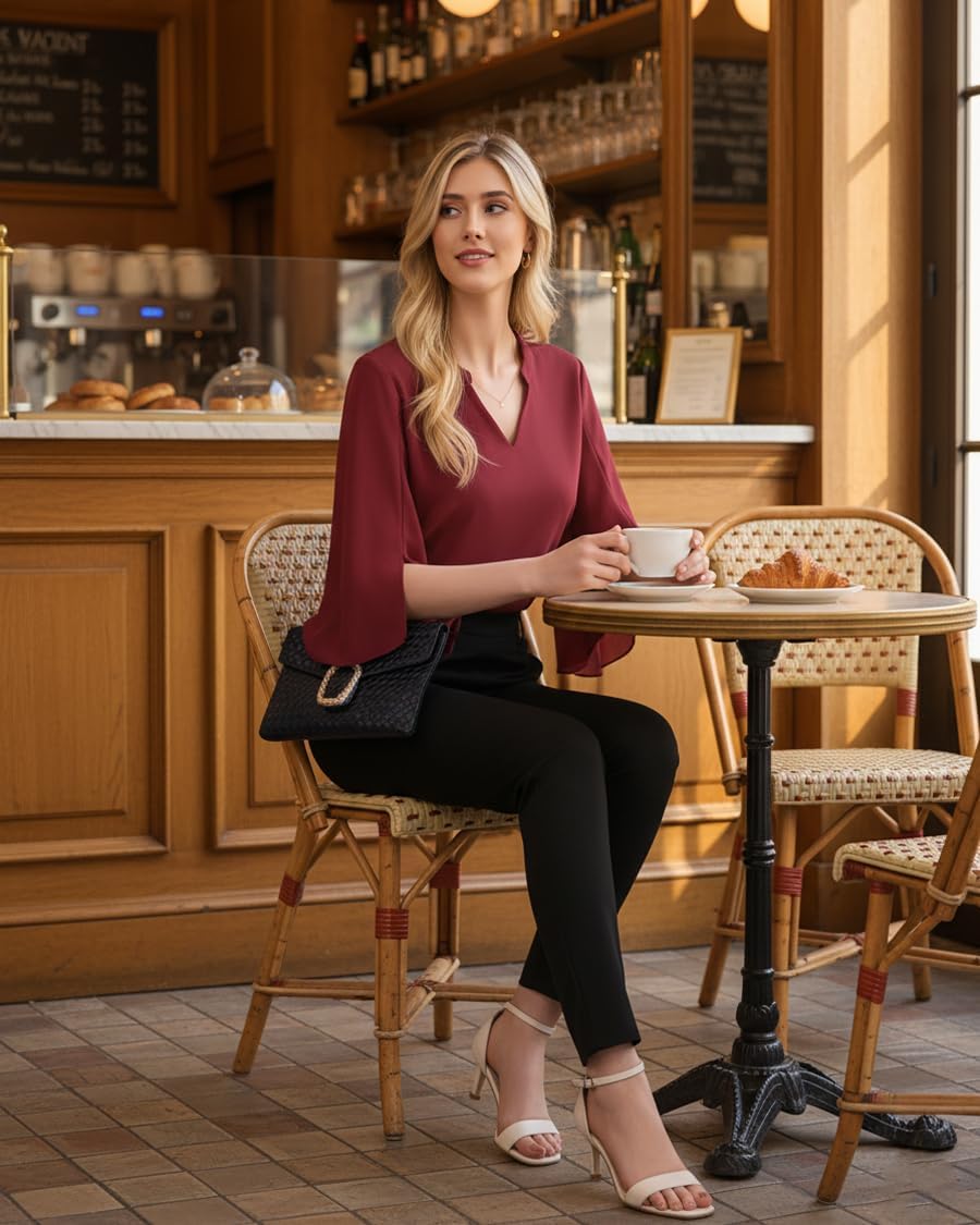 Bebonnie Womens Tops Dressy Casual Ruffle 3/4 Sleeve V Neck Double Layers Chiffon Blouses Tops - Image 3