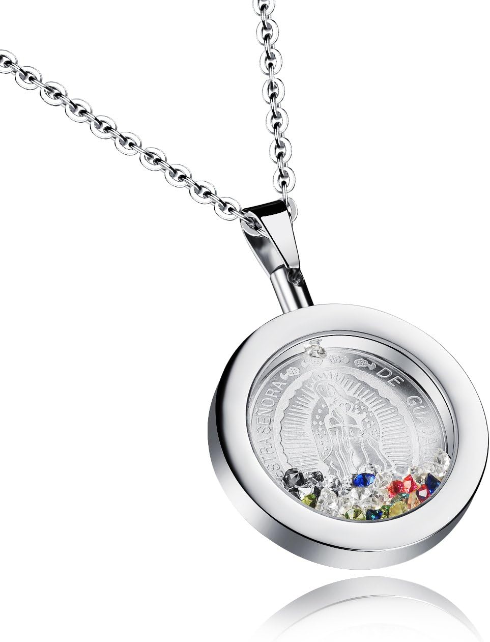 Mishow Stainless Steel Rhinestone Our Lady of Guadalupe Virgin Mary Round Pendant Necklace for Women