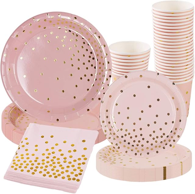 Pink Party Plates Cups and Napkins,Pink Paper Plates and Napkins Set with Pink Gold Party Tableware,Disposable Plates,Baby Shower Plate for Girl Birthday Party,Baby Shower,Wedding,Hen Party Decoration