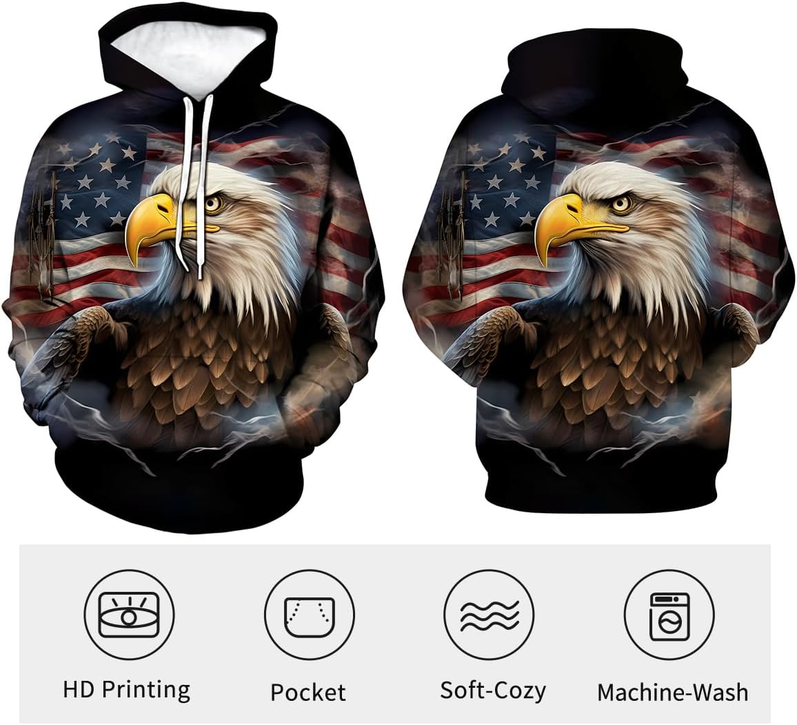 Funny USA Bald Eagle Hoodie American Flag Style Graphic Sweatshirt - Image 3