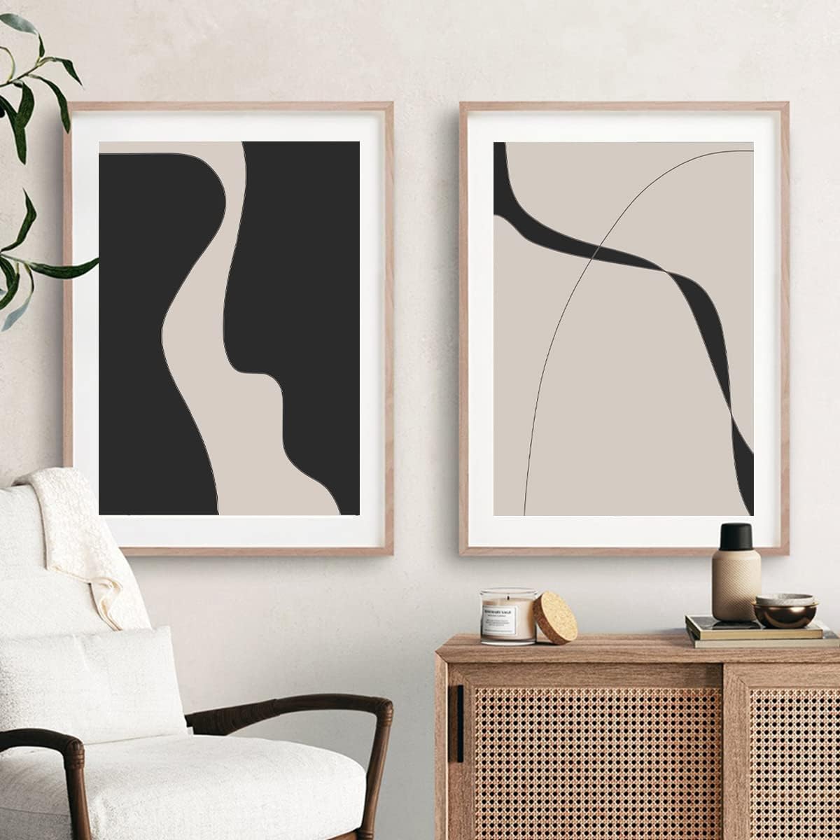 Boho Line Wall Art Abstract Shapes Illustrations Black And Beige Line Art Mid