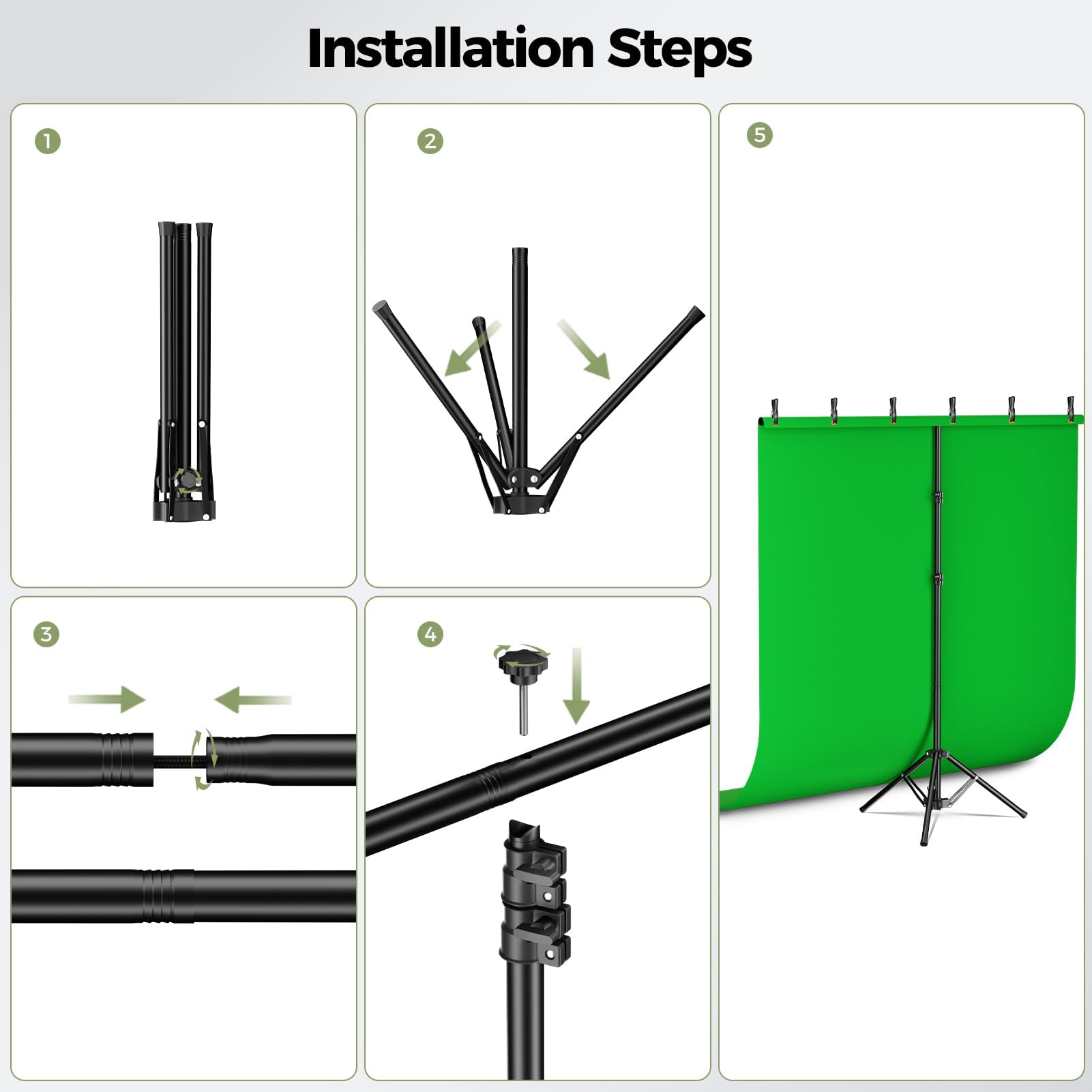 EMART Kit sfondo verde con base pieghevole inversa, sfondo verde per foto da 1,5 x 2 m, con supporto portatile a forma di T e 5 morsetti per fotografia, servizi fotografici, registrazione video in