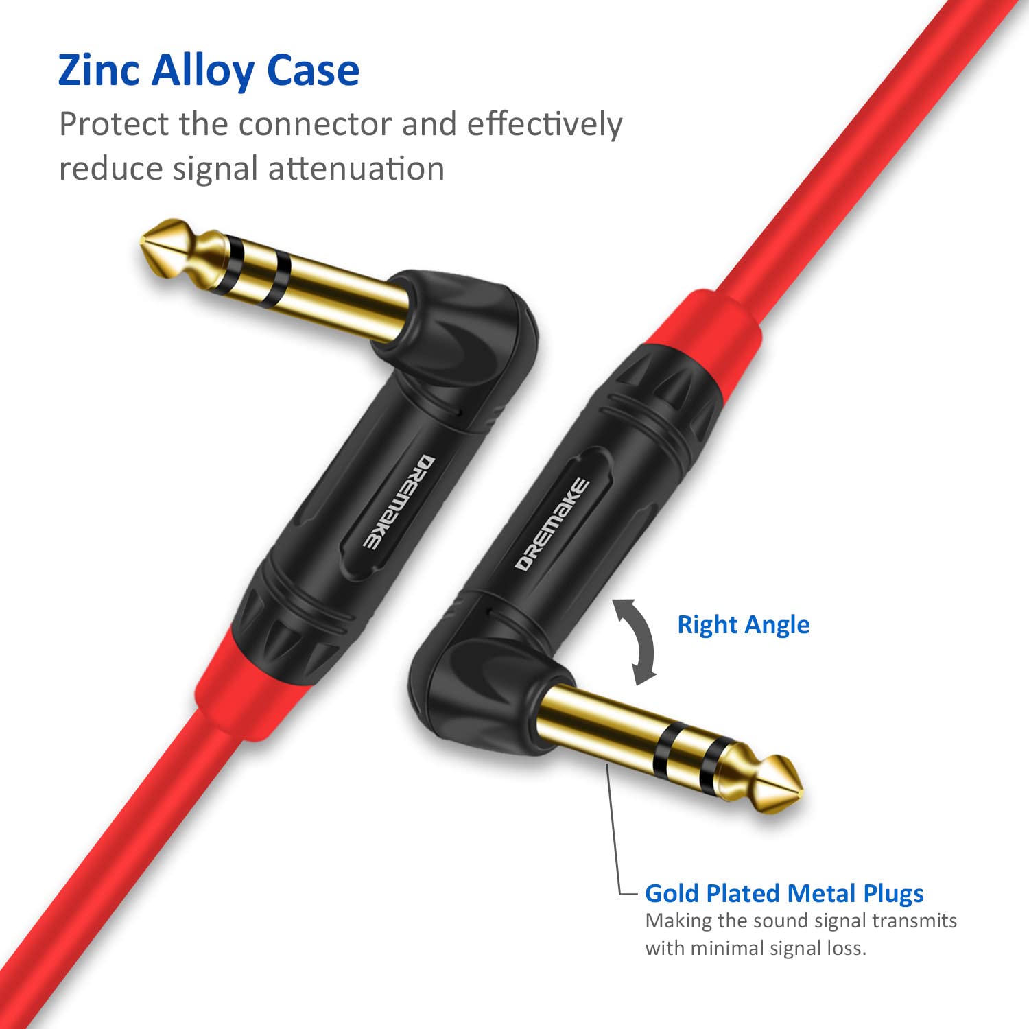 DREMAKE Right Angle TRS 6.35mm Stereo Audio Cable 3FT, 2 Pack 6.35mm Balanced Guitar Amp Cord, TRS 1/4 Inch Male to Male Interconnect Cord for Mixer, Speaker, Equalizer Quarter Inch Right Angle Plug