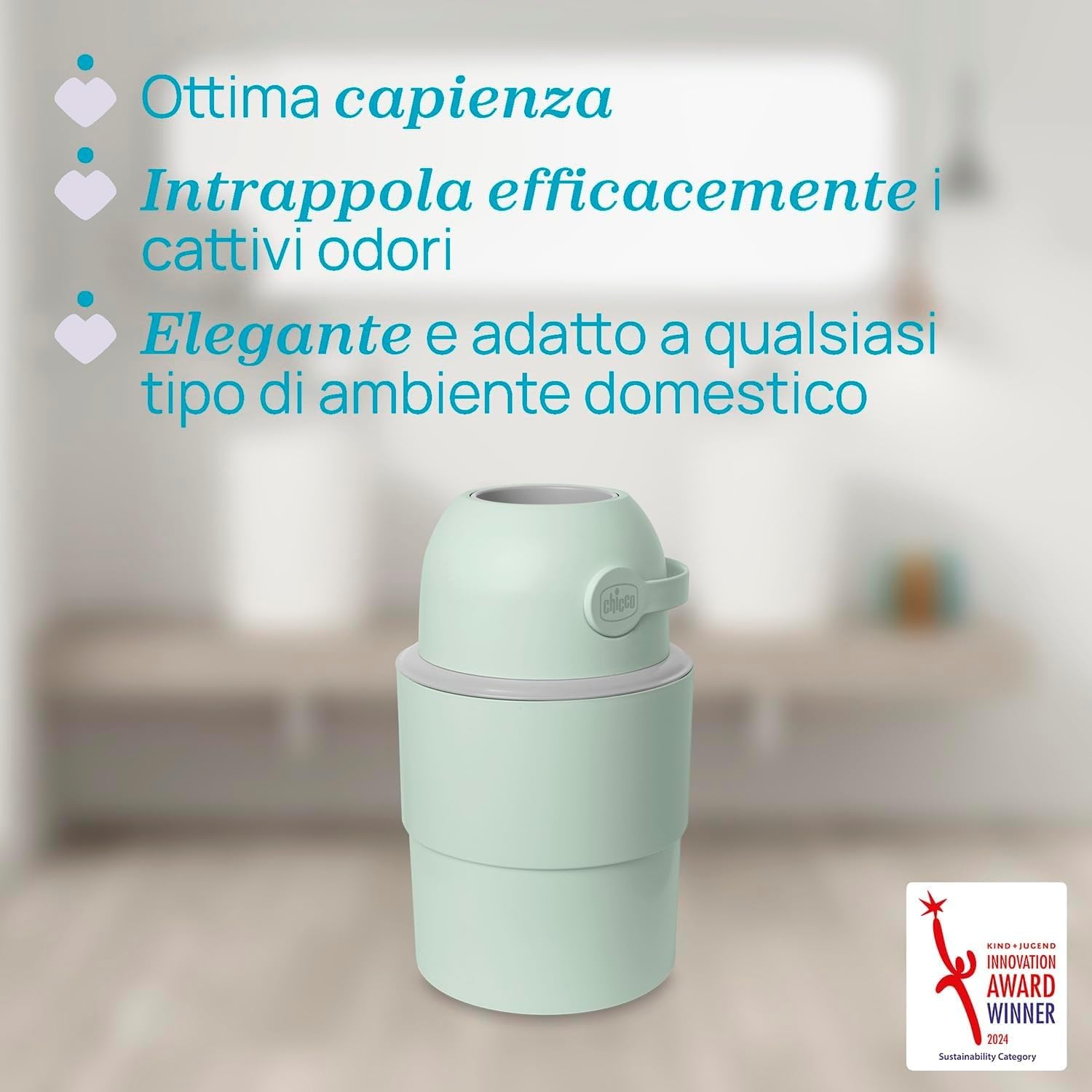 Chicco Mangiapannolini Telescopico Controlla Odori Compatto, Smaltimento Pannolini, Cestino Contenitore Pieghevole e Salvaspazio, Verde + 45 Sacchetti Odour off