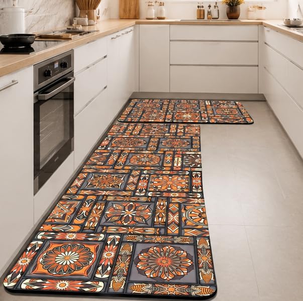Image of HomeCloud Rubber Kitchen Mats for Floor Set of 2 Pcs|Non-Skid, Soft Absorbent Rugs for Kitchen, Laundry, and Hallway|120x40cm, 40x60cm| 4mm Thickness (Mosaic Orange)
