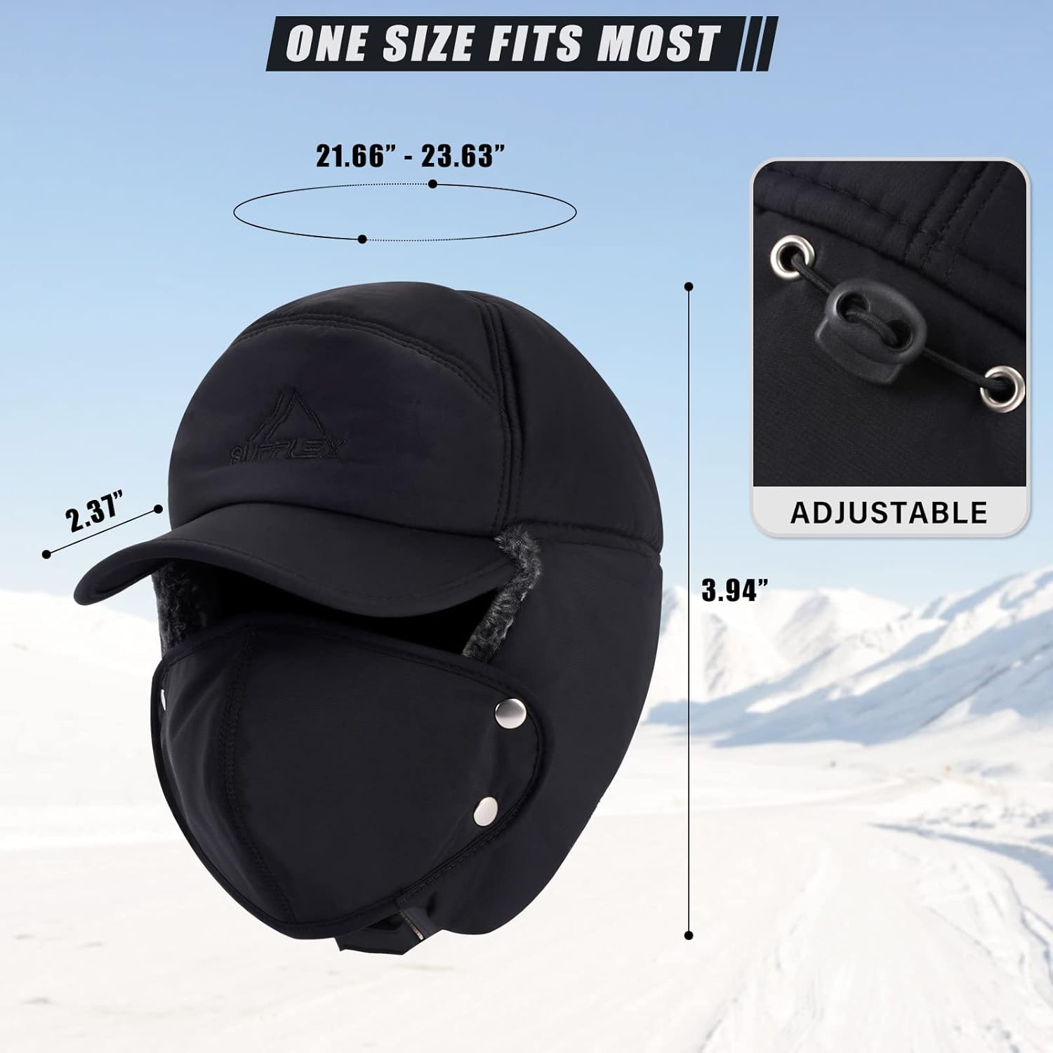 Men Trapper Hat Thermal Faux Fur Lined, Trooper Aviator Hat, Winter Windproof Hat Ear Flaps Removable Warm Mask, 3 in 1 Black - Image 3