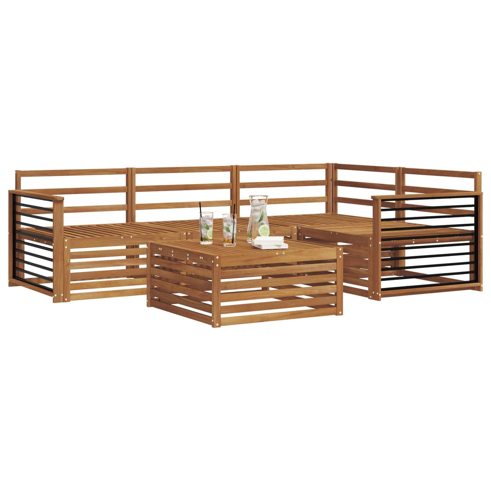 Outdoor-Sofagarnitur 5-teilig aus massivem Akazienholz wetterfestes Gartenmöbelset für Terrasse Balkon und Außenbereich Moderne Sitzgruppe mit Tisch, Sofas, Sesseln
