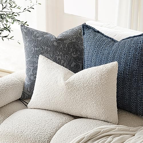 Image of Foindtower Textured Boucle Throw Pillow Covers Accent Solid Lumbar Pillow Cases Cozy Soft Decorative Couch Cushion Case for Chair Sofa Bedroom Living Room Home Decor, 12 x 20 Inch,White