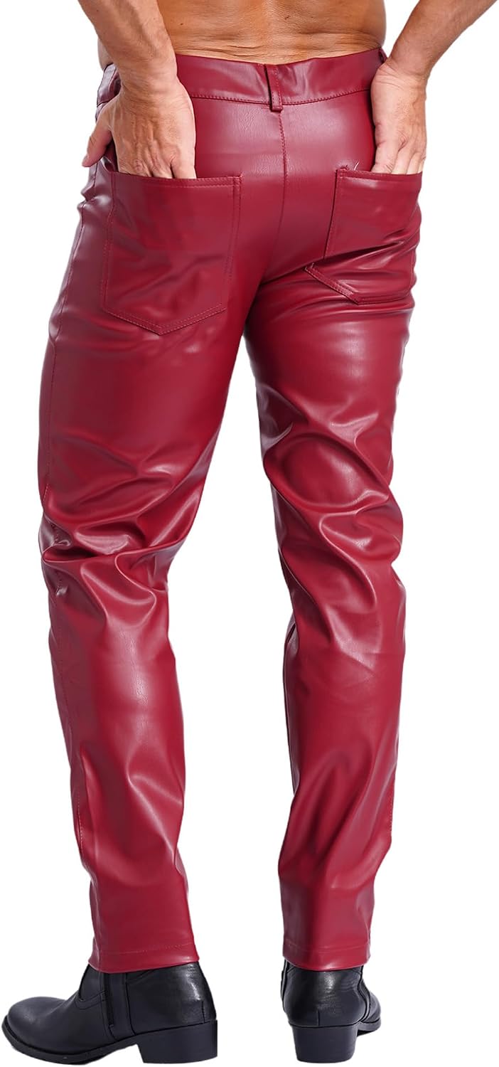 FEESHOW Men's Shiny Faux Leather Disco Trousers Bell Straight Long Pants Motorcycle Leggings