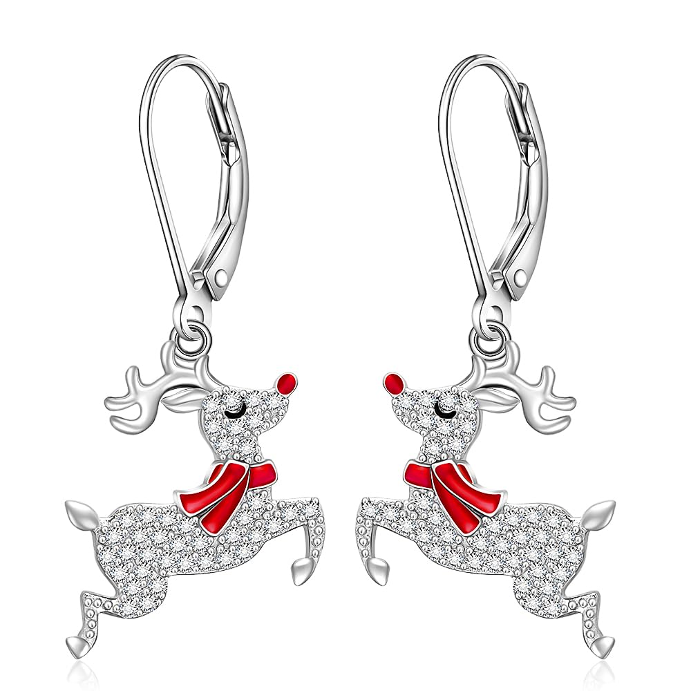 Christmas Earrings Reindeer Earrings for Women Sterling Silver Deer Dangle Reindeer Earring Leverback Holiday Merry Christmas Earrings XMAS Gifts