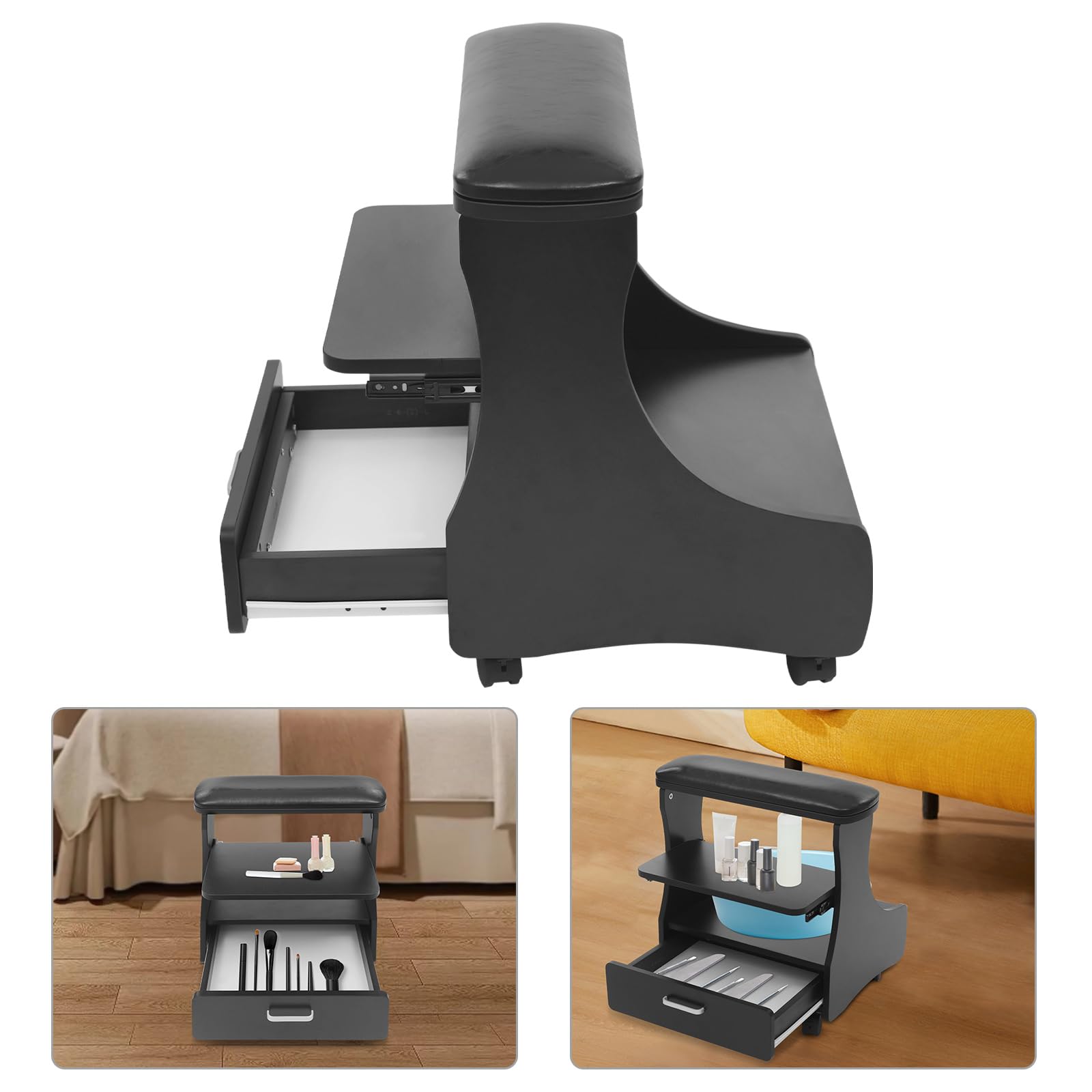 Repose Pieds Pédicure,Tabouret Esthétique 3 Niveaux Tiroir,Repose pieds de pédicure à roulettes,Meuble Rangement Salon,Durable MDF Mousse PU Niveaux Roulettes Frein,Usage Salon Spa,Charge 80 kg