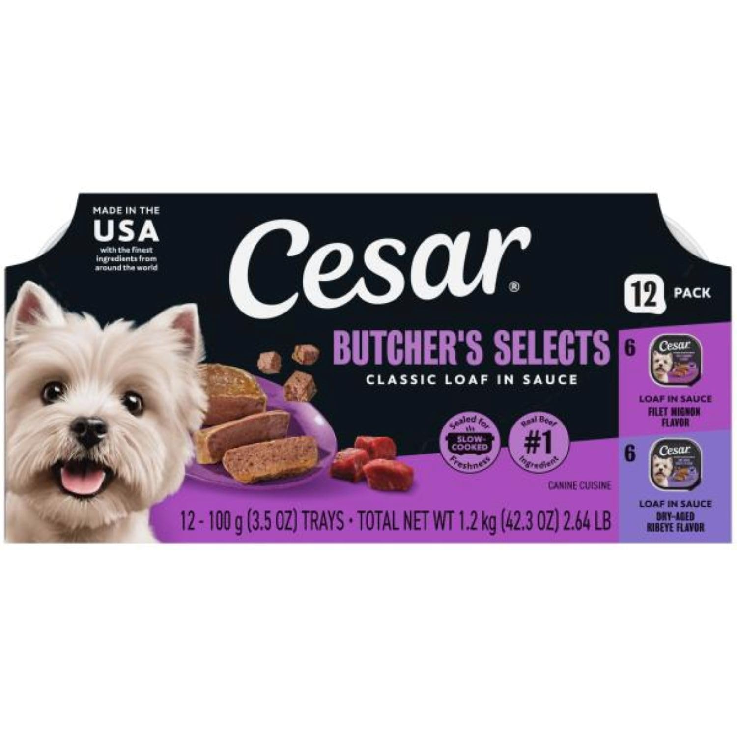 Cesar Classic Loaf in Sauce Wet Dog Food Butcher's Selects Variety Pack, Dry-Aged Ribeye Flavor and Filet Mignon Flavor, 3.5 oz. Easy Peel Trays, Variety Pack (12 Count, Pack of 1)