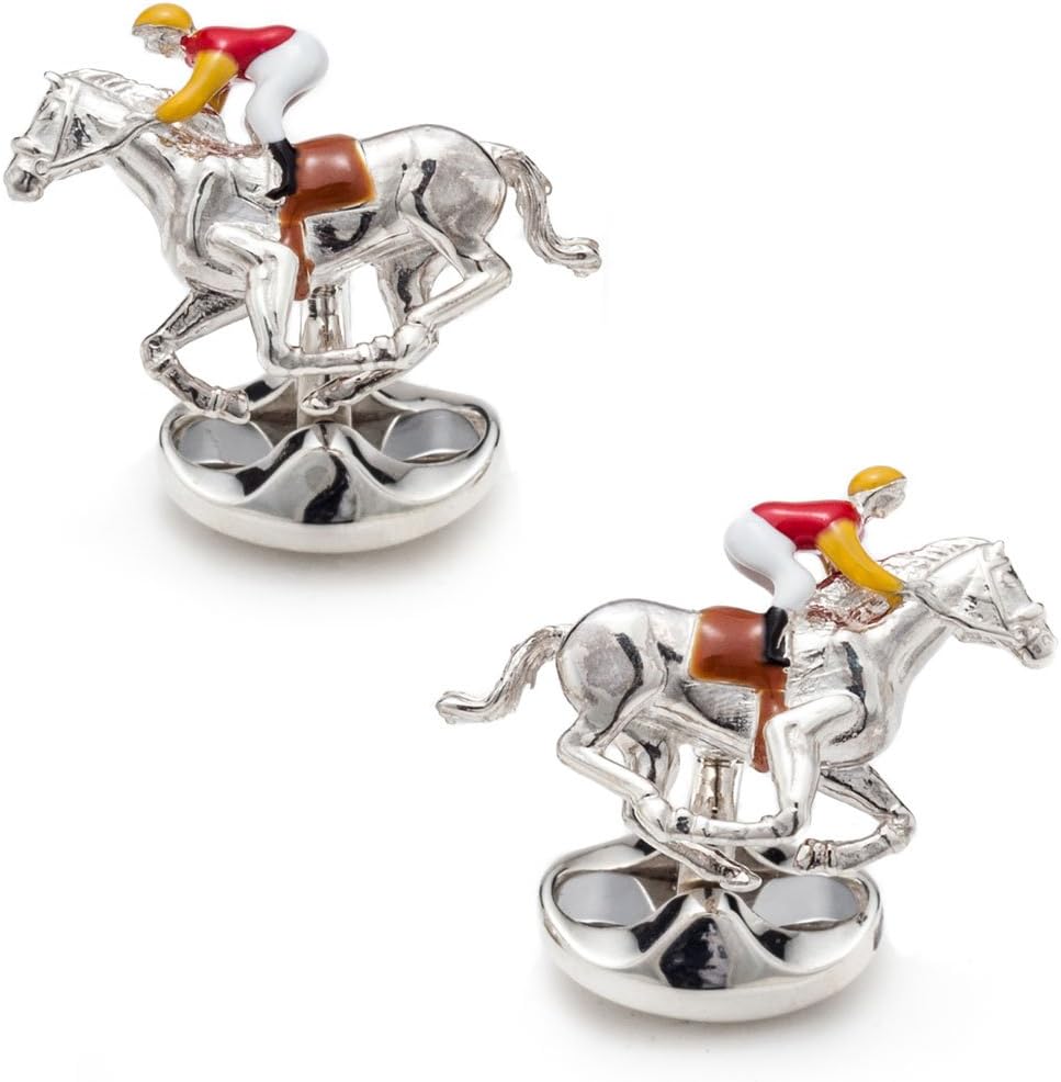 Deakin and Francis Sterling Silver Horse and Jockey Cufflinks, Red and Yellow