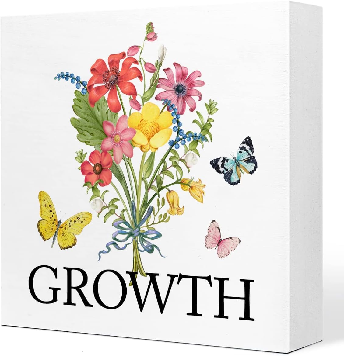 Growth Floral Box Sign 5x5 Inch Butterfly Wood Desk Decor