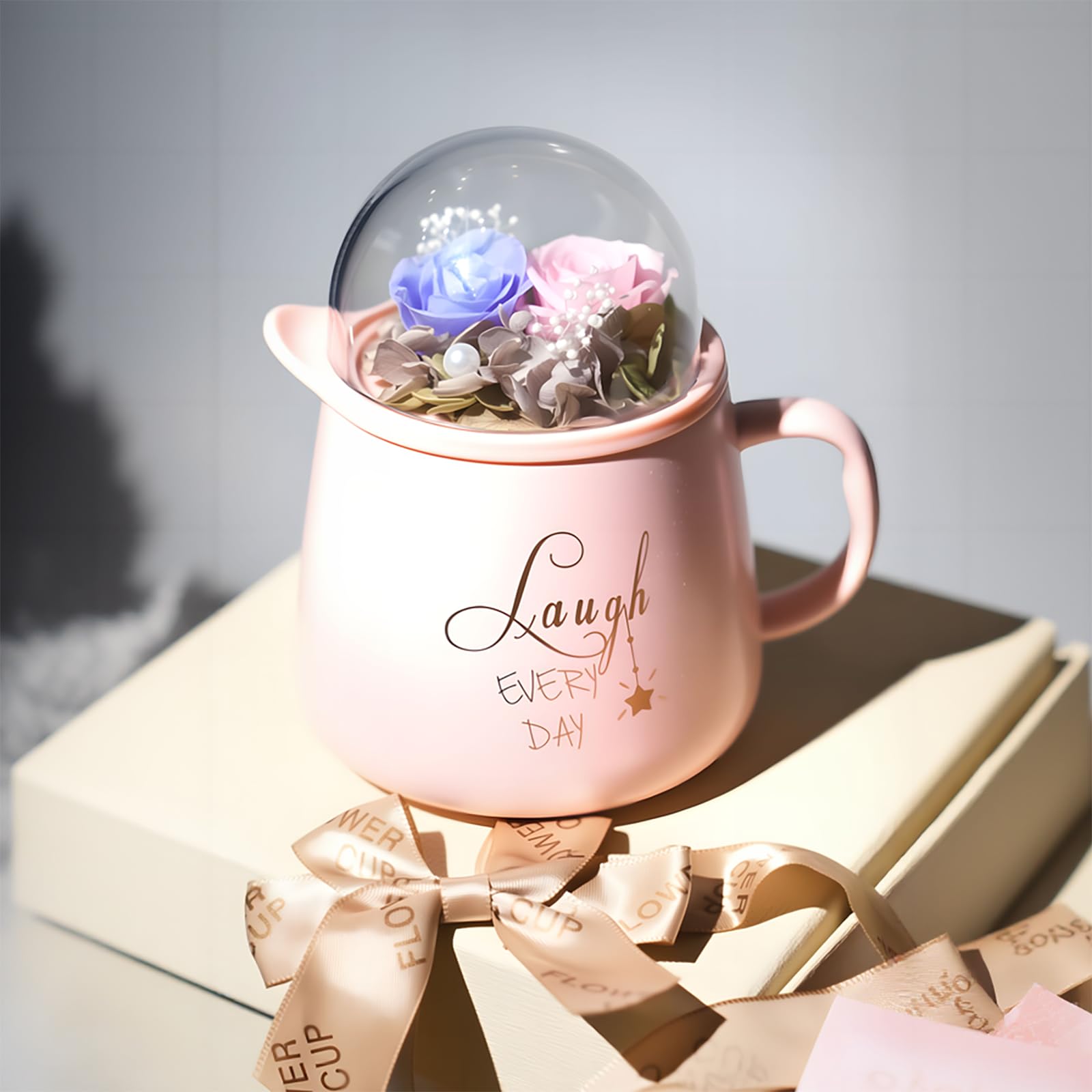 Tasse à café avec couvercle – 2 roses éternelles (rose et lilas), coffret cadeau pour elle/épouse, Saint-Valentin, fête des mères, anniversaire de mariage, Noël, coffret cadeau inclus