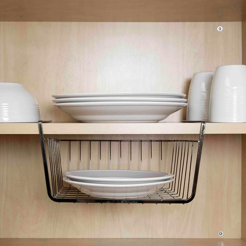Under Shelf Steel Wire Basket Hanging Storage by Home Basics | Space Saver Slide-On Shelf Basket for Pantry, Cabinets, Closet - No Hardware Needed - Black Onyx