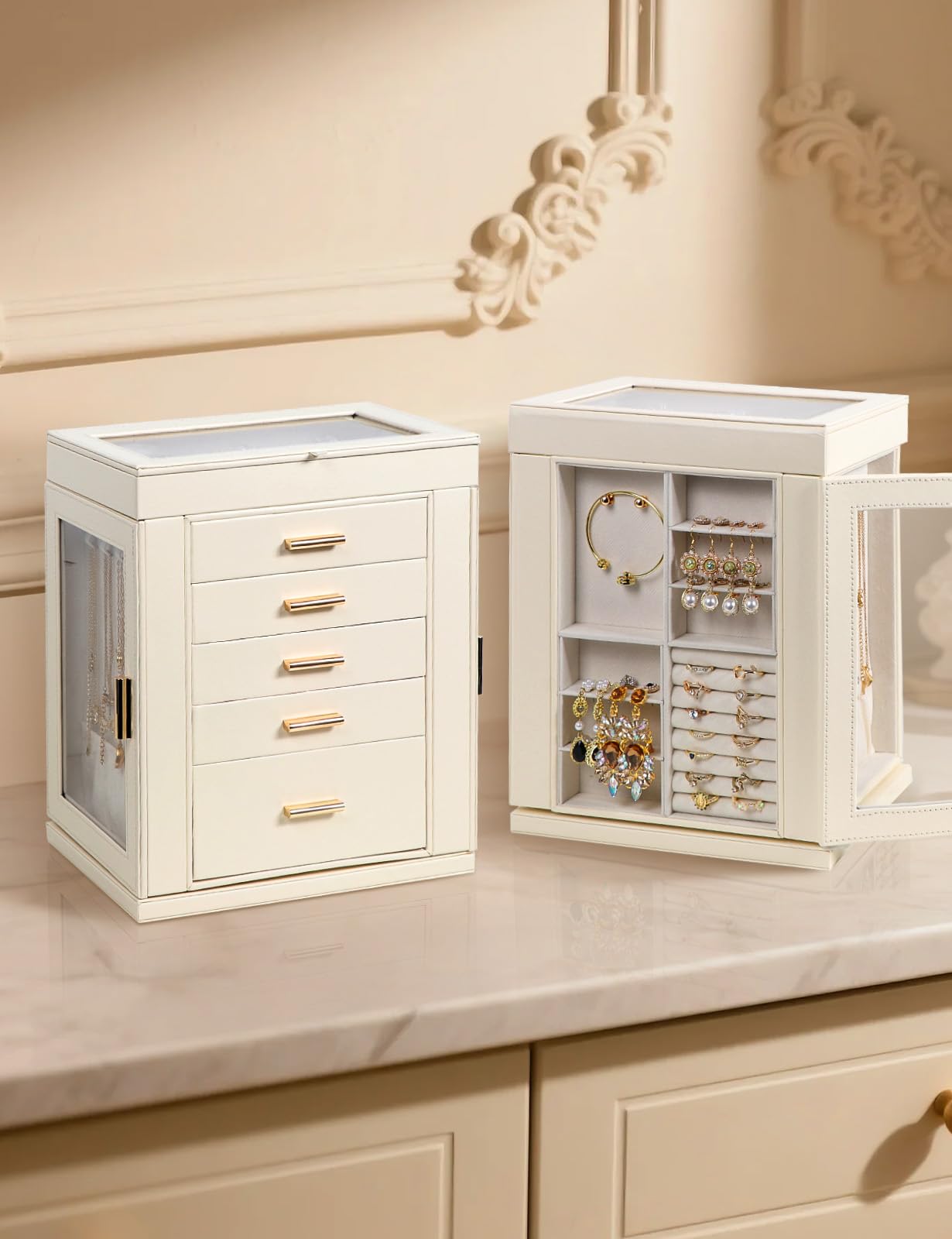 Schmuckkästchen 360° drehbar, 6 Ebenen Schmuckschatulle, Groß Schmuckkasten für Damen, Glasfenster, offenes Design, Schmuckaufbewahrung für Ringe Ohrringe Halskette Geschenkbox für Mädchen Frauen