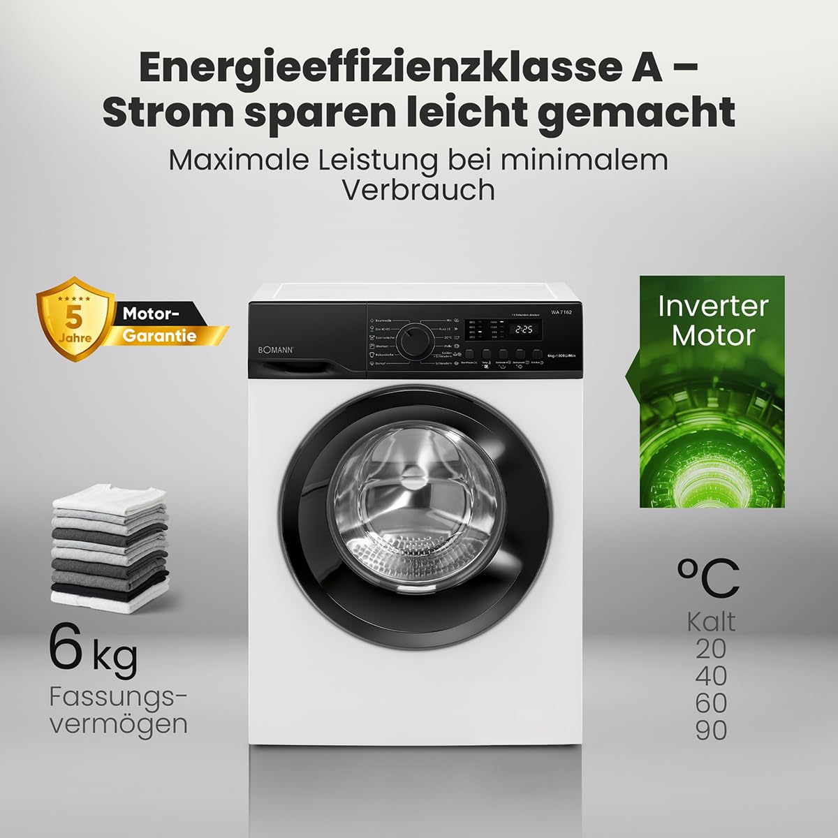 Bomann WA 7162 Waschmaschine 6kg 1000 U/min Invertermotor weiß