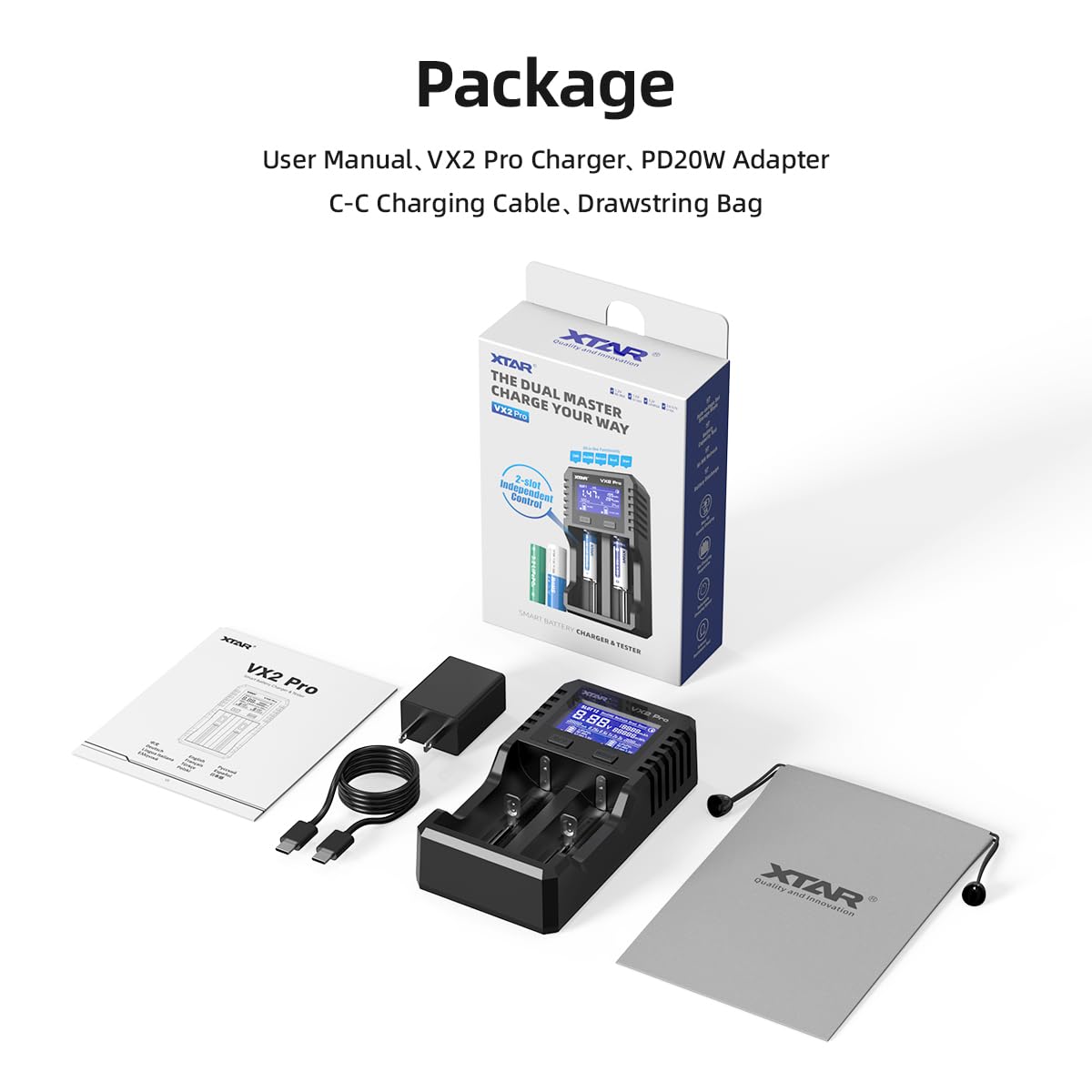 XTAR VX2 PRO 18650 Chargeur de batterie professionnel avec testeur de capacité