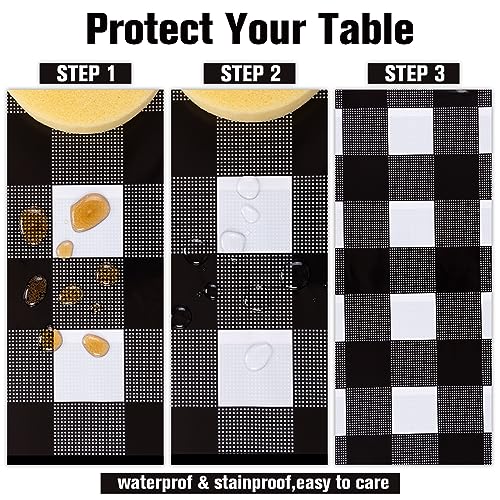 Image of Kesfey 3 Packs Black Gingham Tablecloths 54 x 108 inch Black and White Checkered Tablecloth Disposable Plastic Plaid Picnic Tablecover Waterproof Fall Checkered Table Cloth for Camping Halloween Party