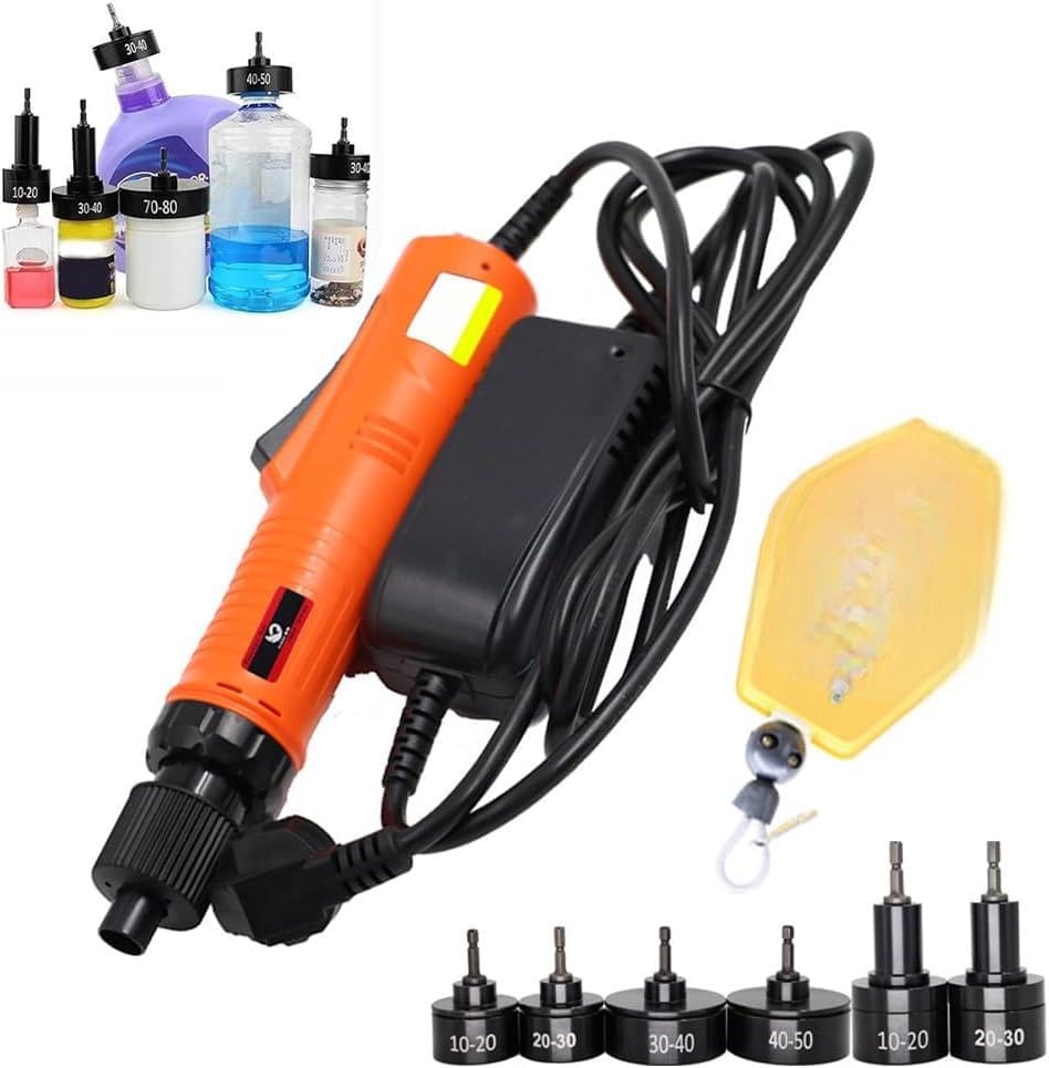 Tappatrice elettrica per bottiglie per tappi rotondi da 10-50 mm - 30 kg/f con 6 teste di tappatura e tenditore per bottiglie di plastica