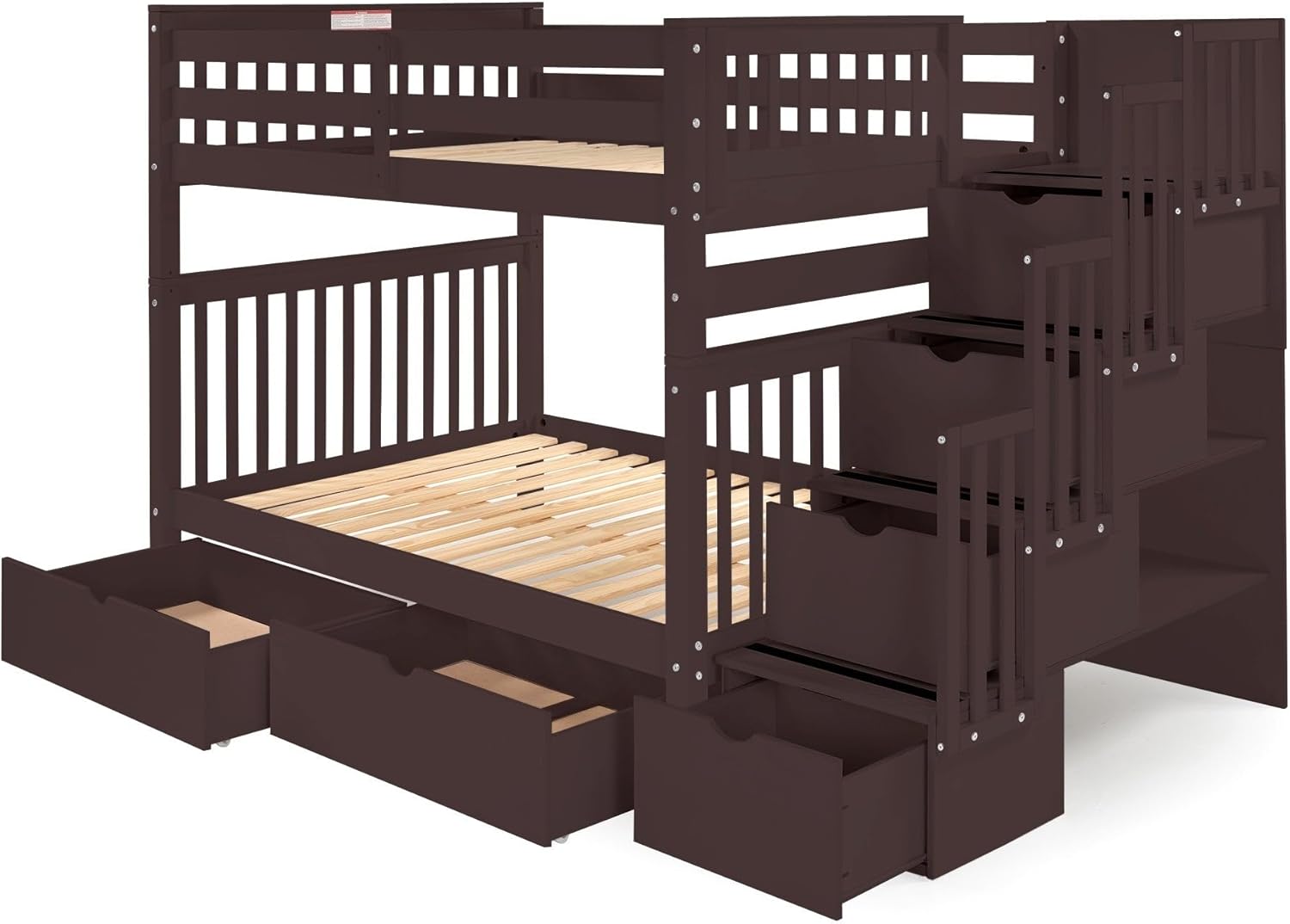 Bedz King Stairway Bunk Beds Full Over Full with 4 Drawers in the Steps and 2 Under Bed Drawers, Dark Cherry