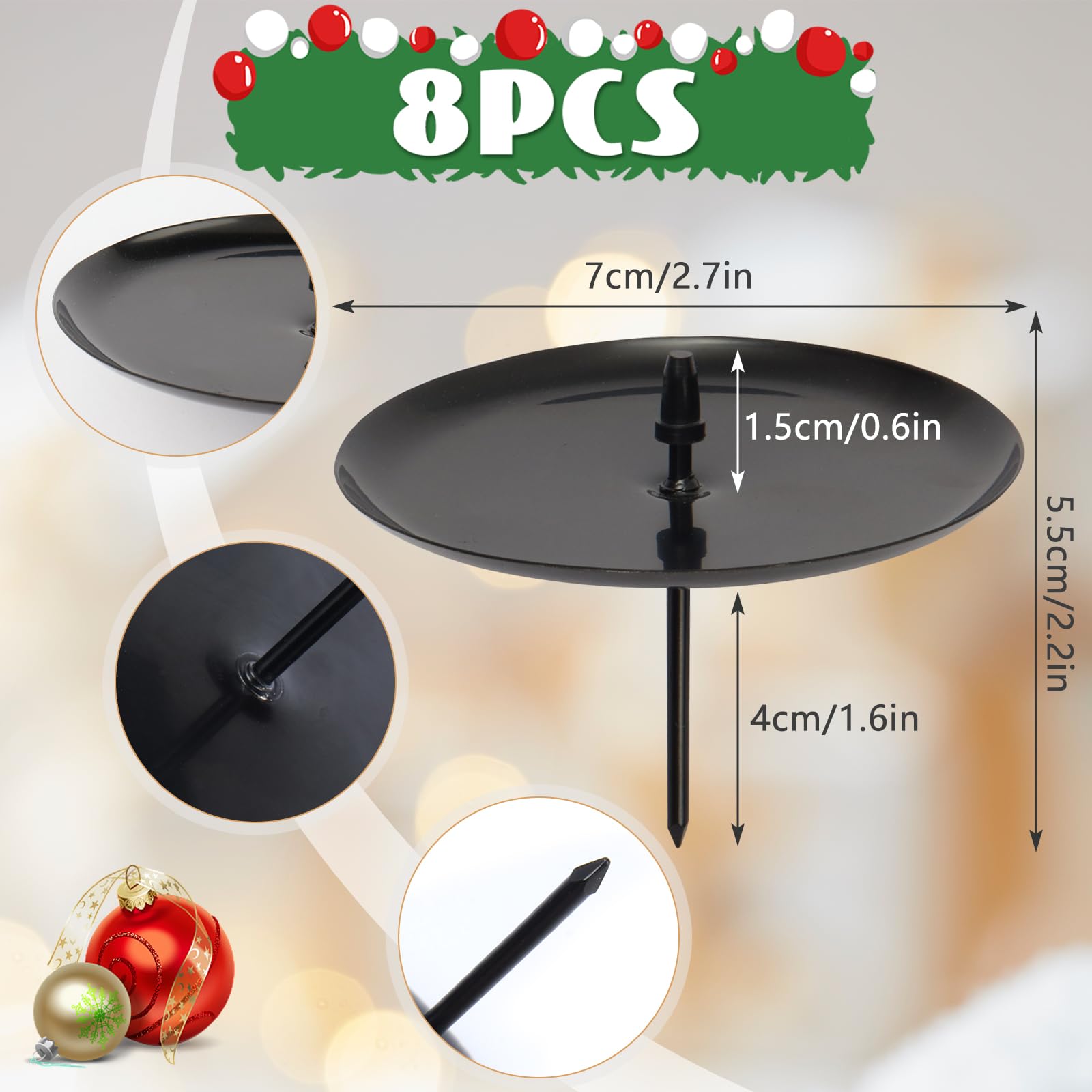Lot De 8 Bougeoirs En Métal Noir Pour Couronne De L'Avent - Diamètre 6cm Avec Pointe - Pour Bougies Chauffe-plat Ou Piliers