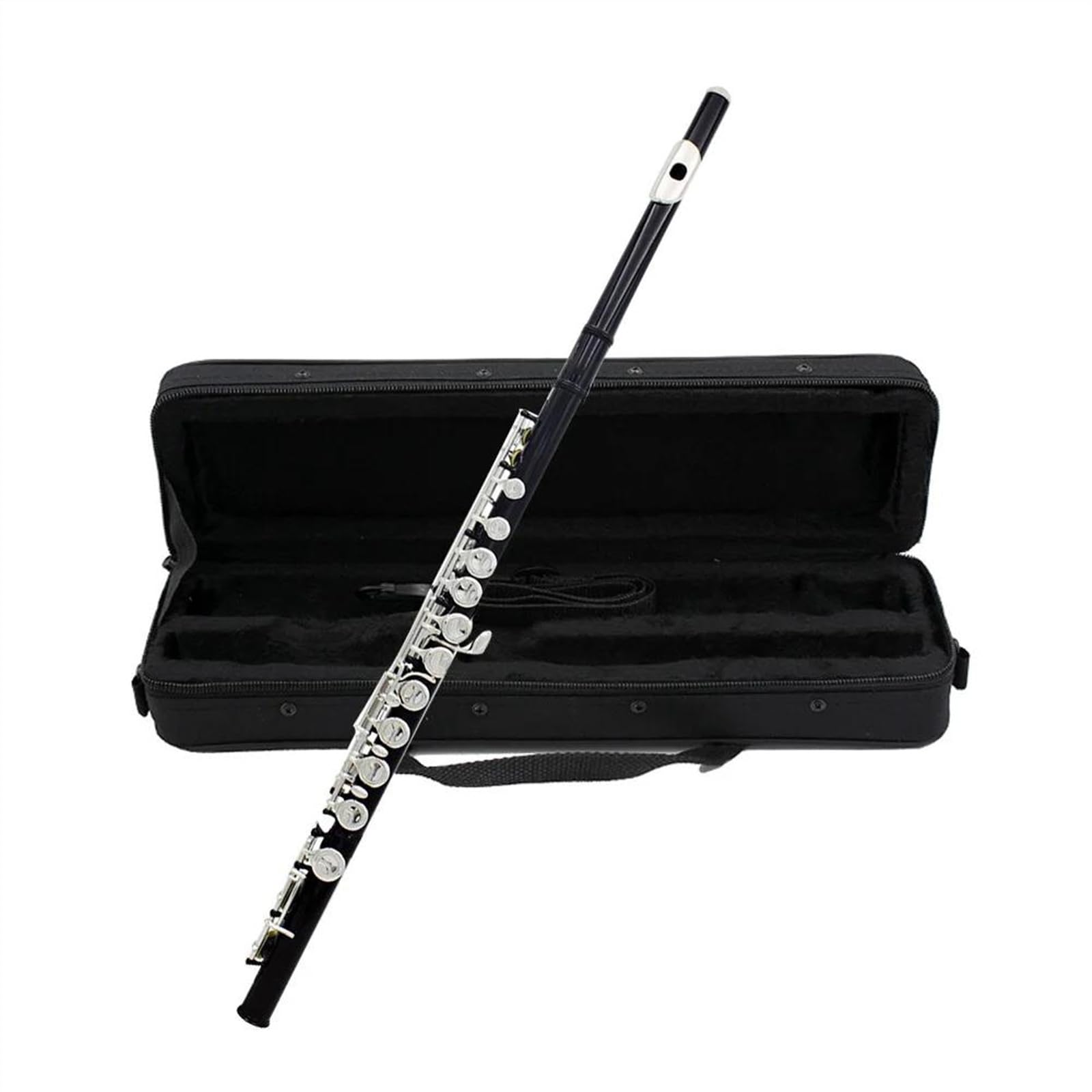 Flauta de concierto chapada en plata y níquel de cobre blanco con llave C, 16 agujeros cerrados, color negro, con caja Flauta Travesera Kit