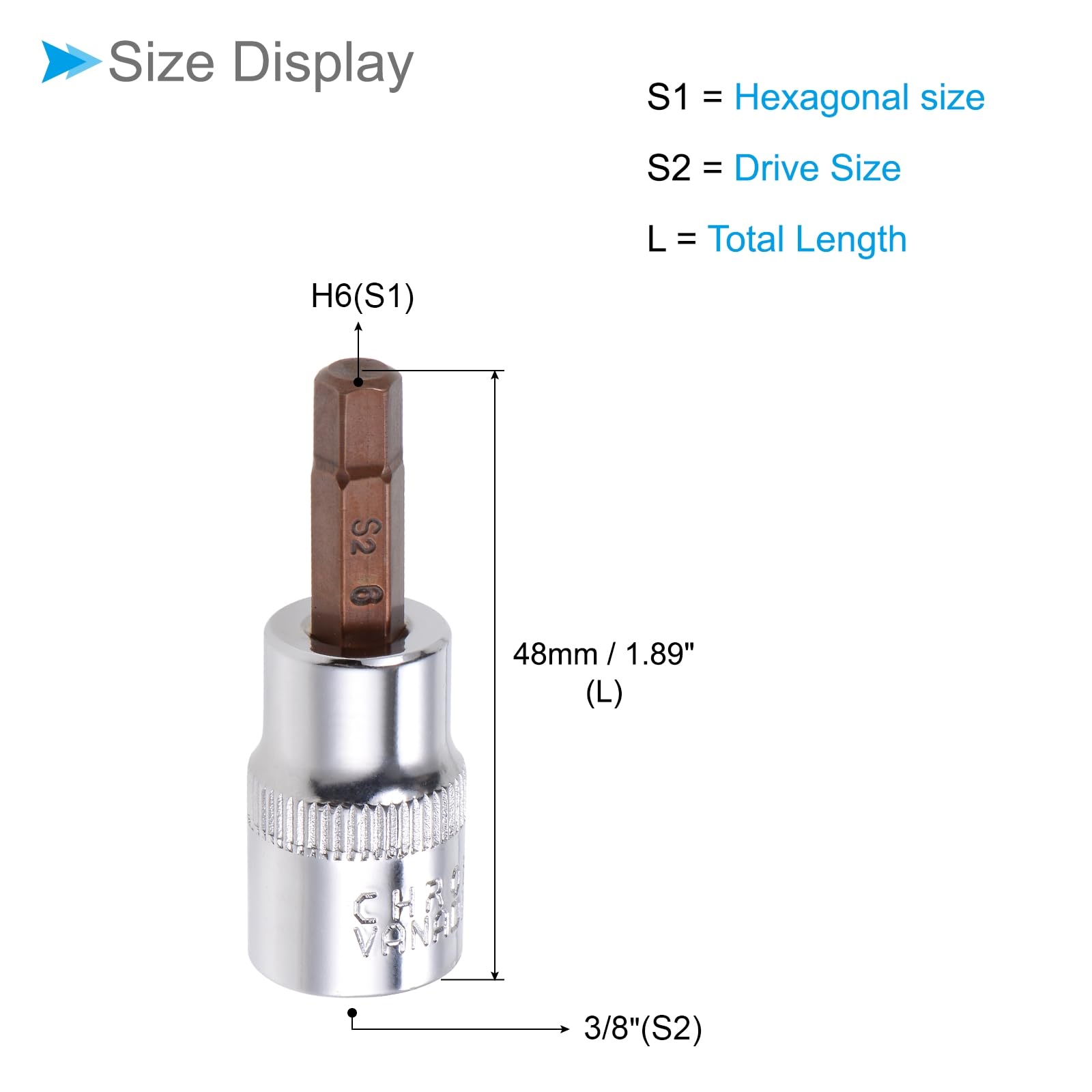 CoCud Hex Bit Socket, Metric H6 (6mm) Bit 3/8" Drive 1.5" Long, S2 Alloy Steel Heat Treated CR-V Socket - Image 2