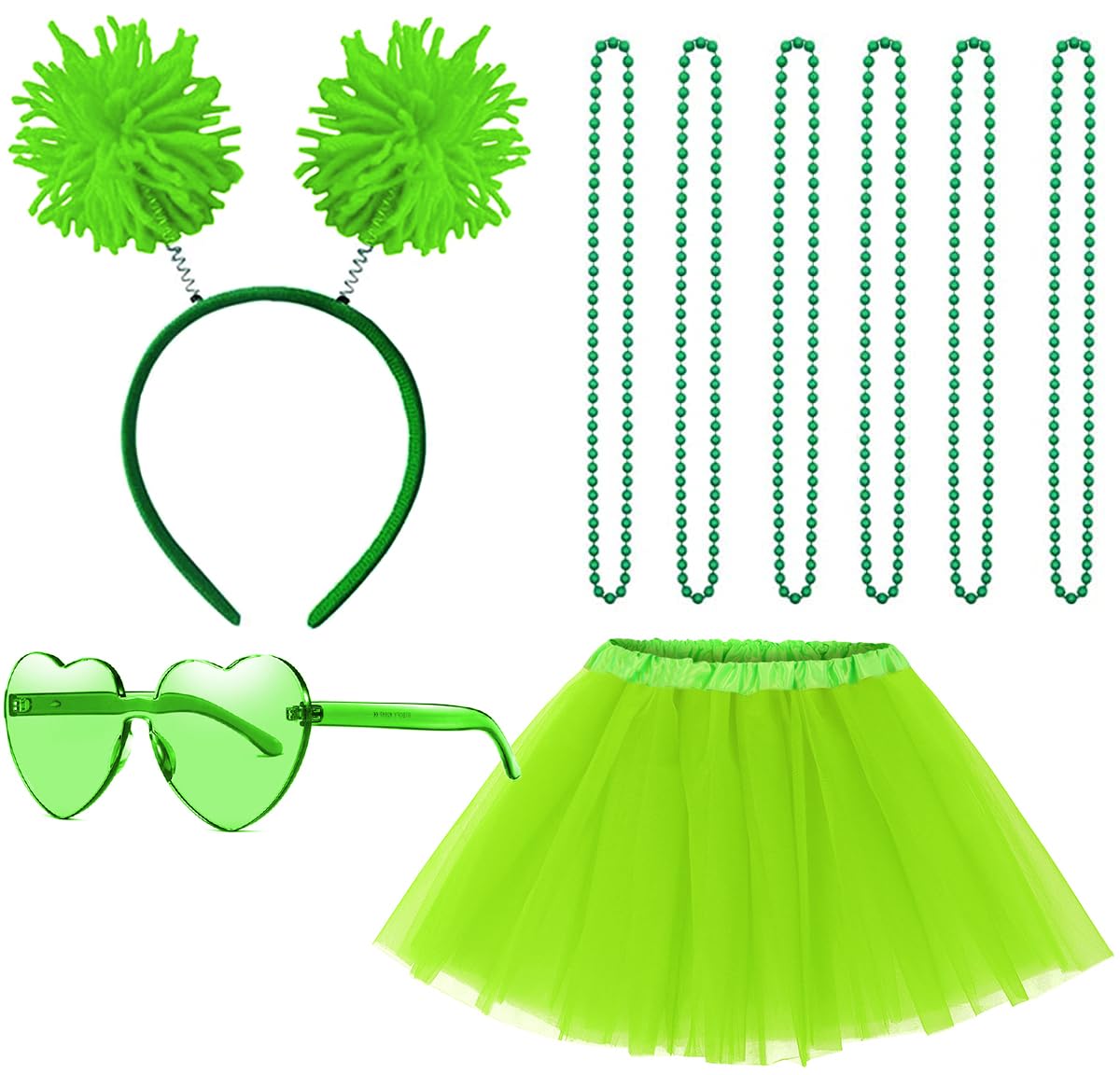 Gionforsy Tutu Skirts for Women Costume Set with Pom Pom Headband Sunglasses Bead Necklace Tulle Skirt Accessories Set for Halloween Birthday Themed Party Fancy Dress (Bright Green)