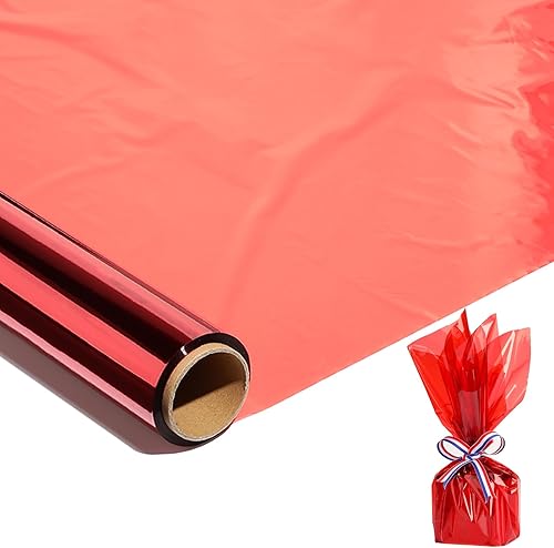 shareluck Rollo de celofán rojo de 100 pies x 17 pulgadas, rollo de celofán transparente rojo para envoltura de cesta de regalo, envoltura de