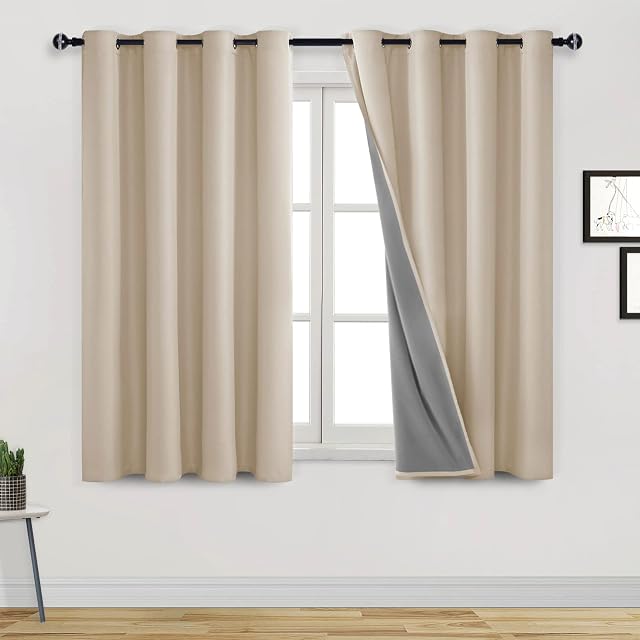 DWCN 100% Blackout Curtain Short Kitchen Curtains & Drapes 2 Panels Noise Reducing Sun Light Blocking Thermal Insulated Sound Proof with Grommet Top for Living Room (Beige,52" W x 45" L) 2 Panels