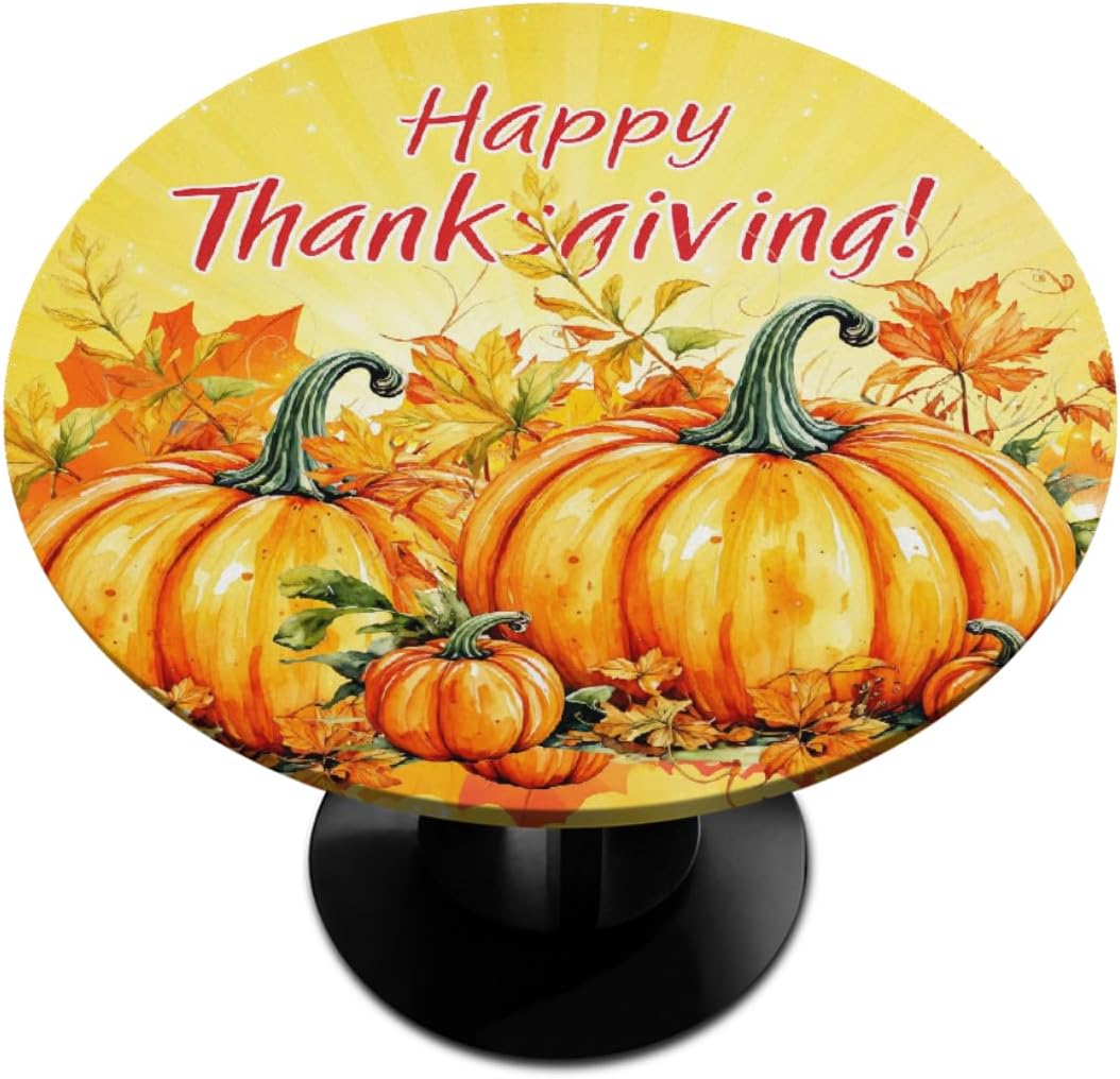Round Tablecloth with Elastic Edge Pumpkin Thanksgiving Yellow Fitted Circle Table Cover wipeable Round Table Cloth for Indoor Outdoor Patio Dining Kitchen Festival Decor for 45"-50" Tables
