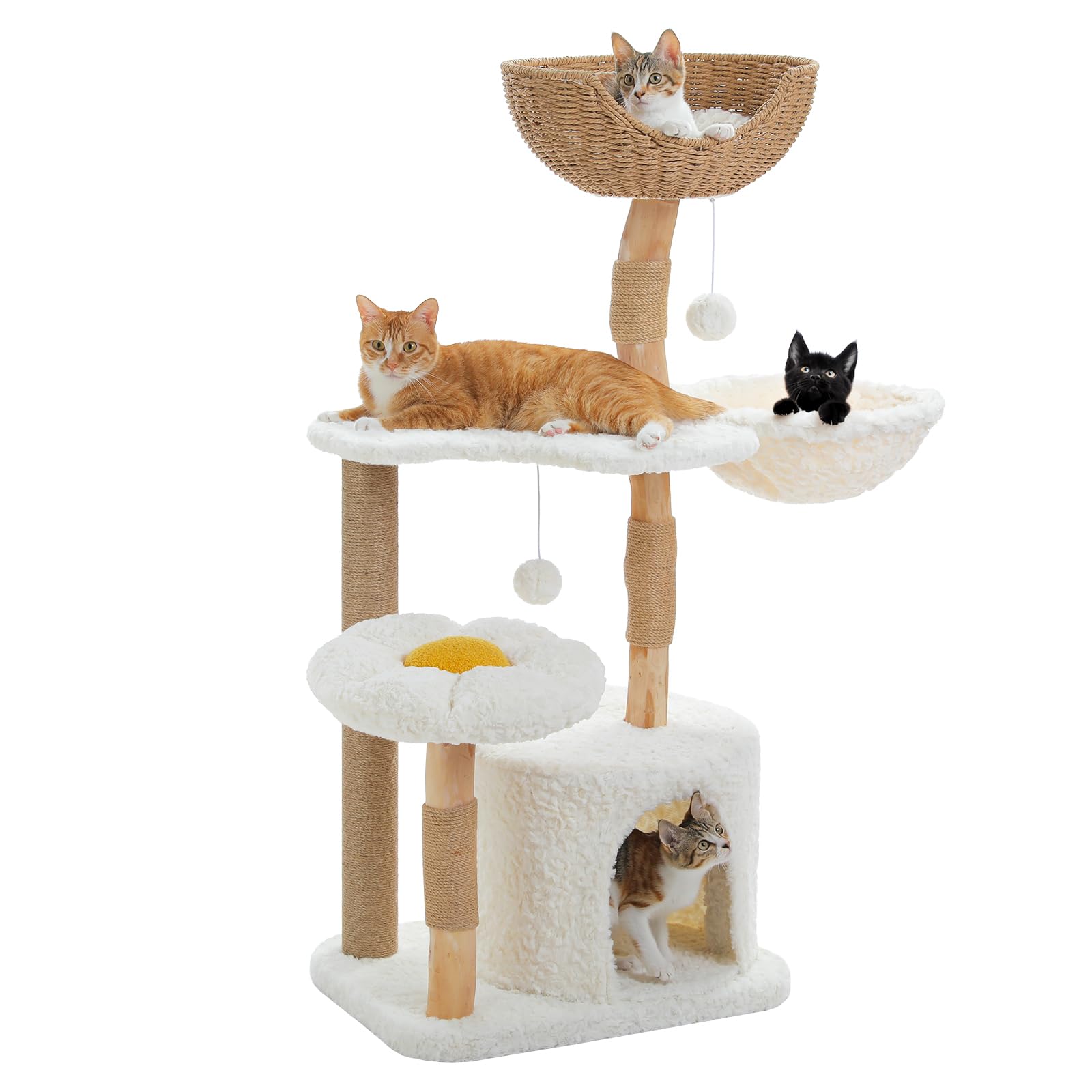 Cat Tree for Indoor Cats, 48.5" Natural Solid Wood Cat Tower with Big Rattan Basket, Cozy Condo & Flower Perch, Modern Cat Furniture for Indoor Cats, White